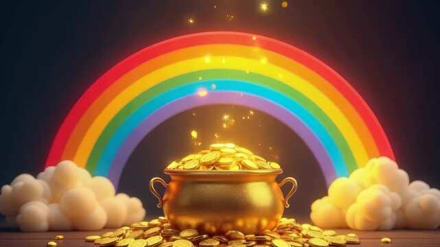 A pot of gold overflowing with coins at the foot of a rainbow, surrounded by fluffy clouds&mdash;a magical scene celebrating luck and fortune. Concept of St. Patrick's Day luck and treasure.
