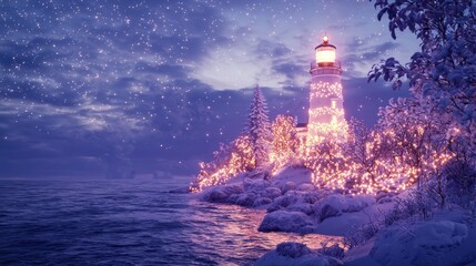 Enchanting Christmas Lighthouse Illuminated in Snowy Night Scene with Magical Sparkles - Ultra-Detailed Winter Coastline Guiding Ships