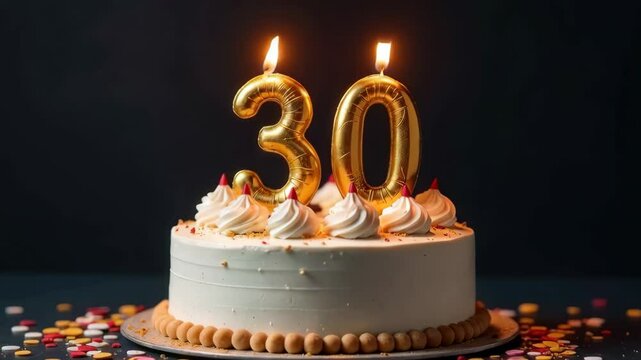  Celebrate a 30th birthday with this video showing a delicious white cake adorned with flickering gold number candles and festive sprinkles. Concept of a 30th birthday celebration.