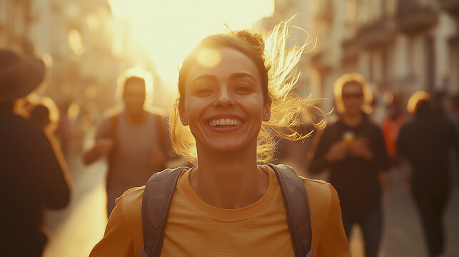Woman running through a city, participating in a marathon race.