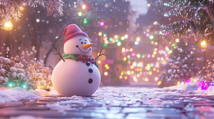Fototapeta premium Whimsical Holiday Magic: Playful Snowman Amidst Colorful Lights and Snowflakes