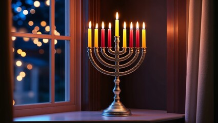Fototapeta premium Menorah with nine lit candles to celebrate Hanukkah in a cozy setting by the window at night