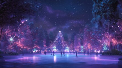 Obraz premium Enchanted Winter Wonderland: Magical Ice Rink with Colorful Lights and Joyous Skaters in Festive Atmosphere