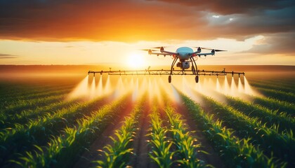 Agricultural drone spraying crops over green field at sunset
