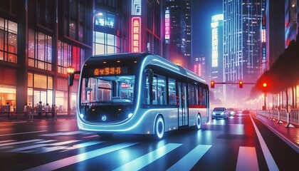 Autonomous electric bus driving on city street with neon lights at night.
