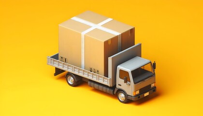 Big cardboard box package on a grey truck ready to be delivered on yellow background,