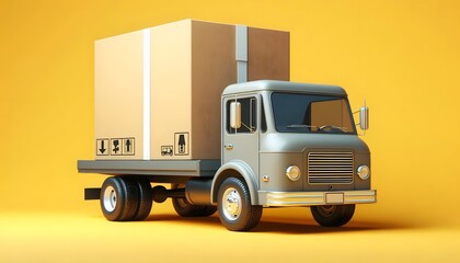 Big cardboard box package on a grey truck ready to be delivered on yellow background,