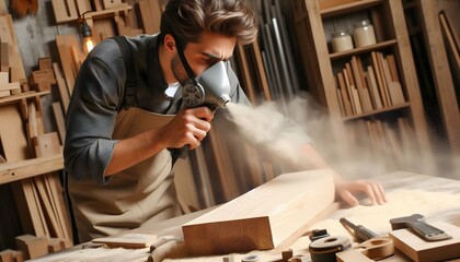Carpenter blowing sawdust from wooden plank