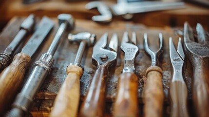 Close-up of vintage hand tools on a wooden surface.