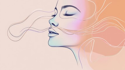 Minimalist Illustration of a Human Face Inhaling Deeply with Flowing Breath Lines and Gentle Gradient Colors

