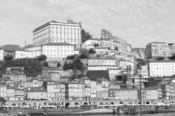 Buildings in downtown Porto in Portugal in black and white