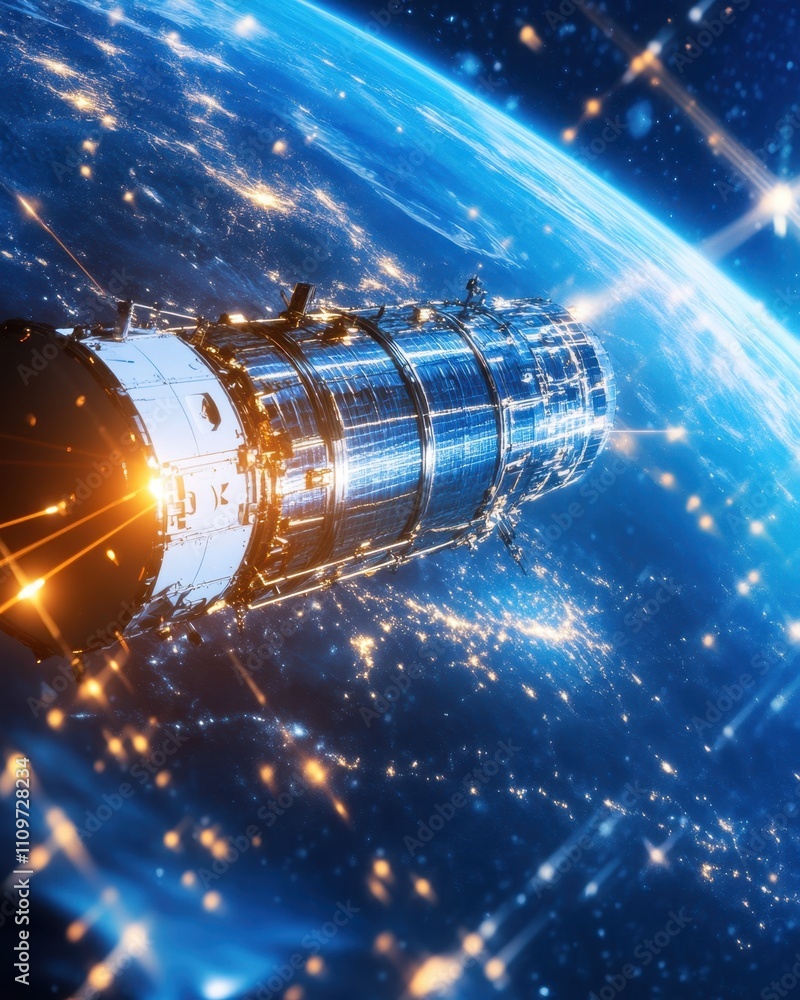 Leinwandbilder telecom satellite orbiting earth with futuristic holograms enabling global communication