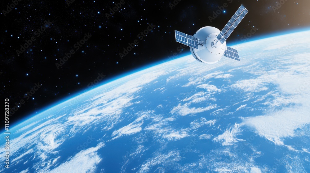 Poster futuristic telecom satellite enhances global connectivity from orbit