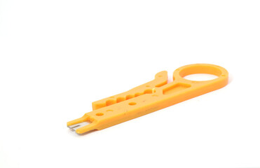 A yellow wire stripper on a white background. Used by electronics, mechatronics, and networking engineers.