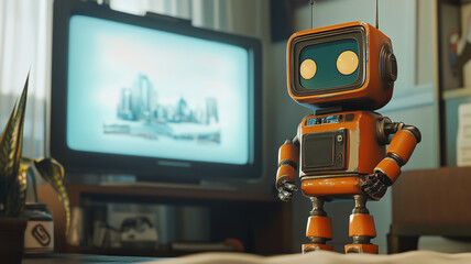 Naklejka premium Futuristic robot in a modern living room, blending technology and comfort, cozy atmosphere, soft lighting, sci-fi ambiance.