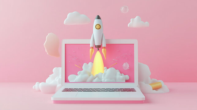 Rocket launching from a laptop. Concept of ideas and growth
