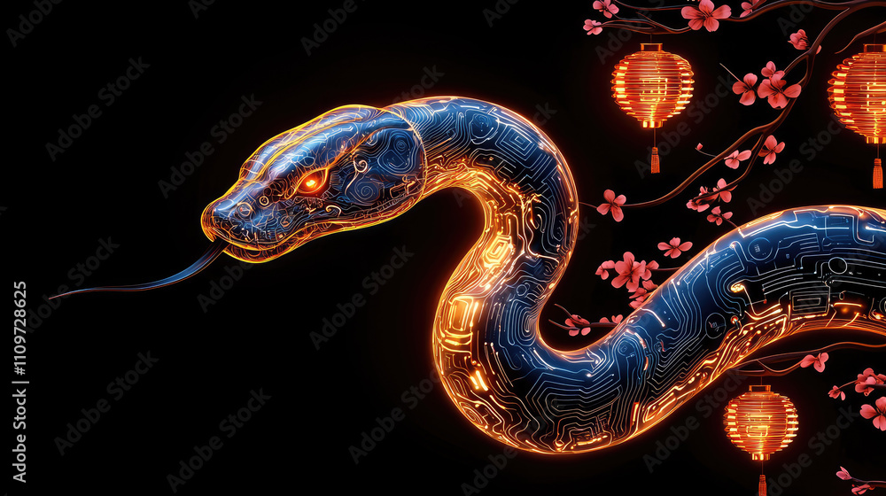 Poster imaginative fusion of snake and ai circuitry, featuring vibrant colors and intricate details, surrou