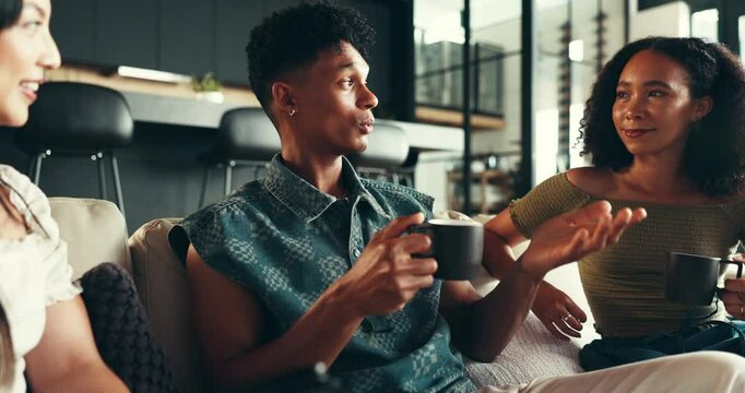 Friends, coffee and relax with people on sofa for conversation, gossip and news. Discussion, advice and diversity with women and man in living room of home for roommate, chat and support together