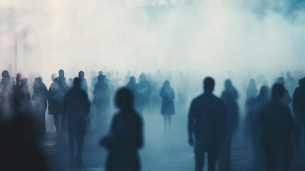 Silhouettes of people in blue haze, evoking surreal atmosphere, mystery, and motion under soft diffused lighting.