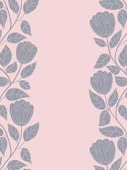 Illustration, card with grey vertical seamless monochrome hand drawn minimalistic floral design on sides perfect for greeting cards, invitations, notebooks, stationery, backdrop