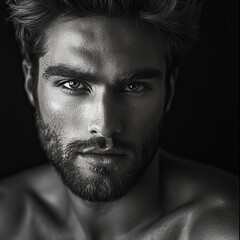 Obraz premium black and white closeup portrait of a young, handsome man on black background, concept of cosmetics, skincare, shaving and beauty