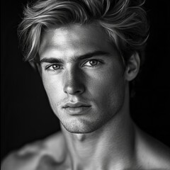 black and white closeup portrait of a young, handsome man on black background, concept of cosmetics, skincare, shaving and beauty