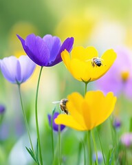 Buzzing Bees Delight in a Colorful Blossom-Filled Meadow During Spring's Vibrant Awakening