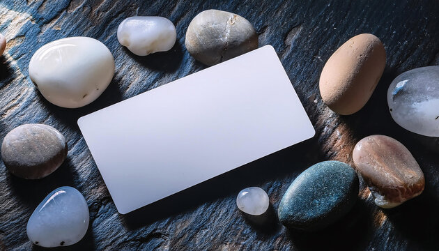 Business card mock up showcasing minimalistic design on a natural stone surface with decorative pebbles surrounding it