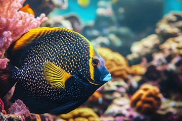 Closeup of French angelfish nibbling off colorful coral reefs near the Bahamas,