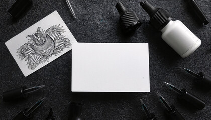 Business card mock up for a tattoo artist featuring ink bottles and design sketches on a dark surface