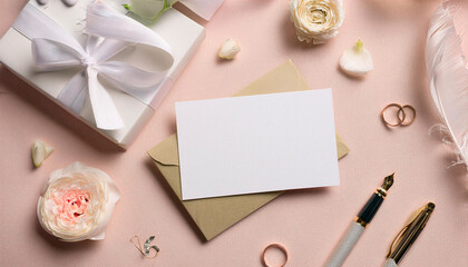 Elegant wedding planner business card mock-up on a flat lay of decor items and stationery for a special occasion