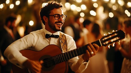 Obraz premium Happy man plays acoustic guitar at night party.