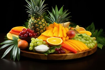 A stunning tropical platter showcases a variety of fresh fruits including pineapple mango grapes and oranges perfect for a summer gathering with friends