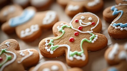 A close-up of freshly baked gingerbread cookies decorated with colorful icing, showcasing festive holiday treats.