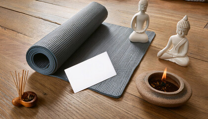 Business card mock up on a rolled yoga mat with incense and decorative figures for yoga instructors in a calming environment
