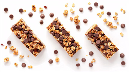 Tasty granola bars arranged on a white background, top view.