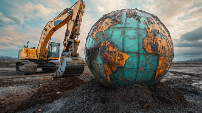  Excavator digging around a rusted globe sculpture, dramatic environmental concept art with earthy tones, ideal for illustrating climate change or industrialization impact.
