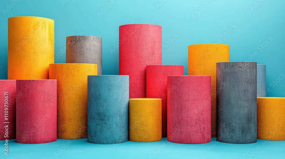 Poster vibrant colorful cylindrical forms arranged on a soft blue background for modern design and creative