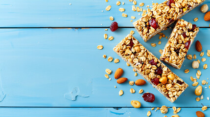 Tasty granola bars on a white wooden table against a blue background.