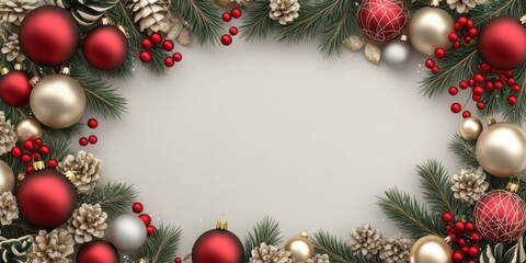 Festive Christmas background featuring red and gold ornaments with pine branches and sparkling lights for seasonal decoration