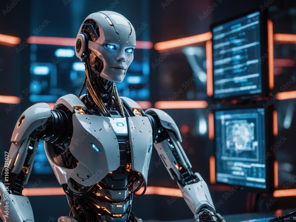 Poster a humanoid robot standing in a digital landscape, surrounded by glowing data streams and futuristic 