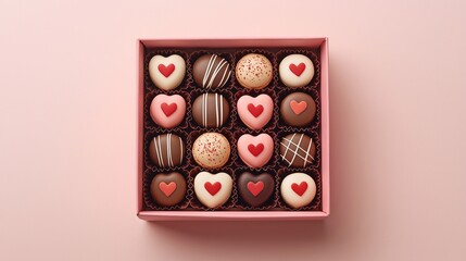 A Valentine’s Day box of chocolates and macarons in soft pink setting with heart motifs. The adds a romantic and elegant touch, love and celebration. Festive sweets as a present for lovers