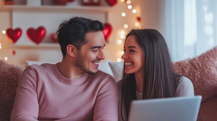 A young couple connecting through a video call in their home. smiling at laptop, with Valentine's Day decorations in the background, love and connection. A man and a woman searching on the internet