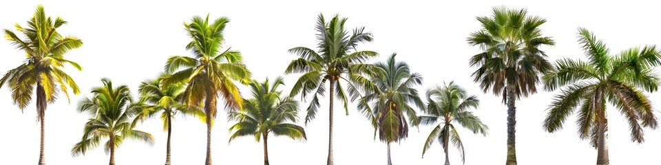 Obraz premium Lush green palm trees sway gently in the breeze against a bright white background. Perfect for tropical vacation themes.