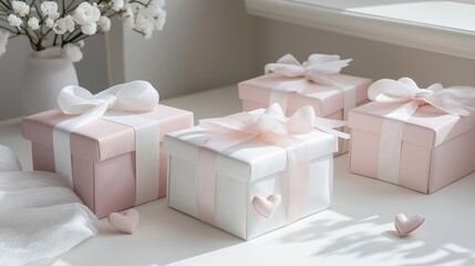 Beautifully wrapped gift boxes in pink and white with delicate ribbons and small heart decorations. The festive, romantic atmosphere for Valentine’s Day celebrations. Holiday background with presents