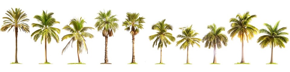 Obraz premium Collection of various palm trees isolated on a white background. Lush green foliage, perfect for tropical themes.
