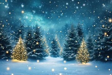 Festive Christmas tree illuminated with golden lights and red ornaments under a mesmerizing northern lights display in a snowy field