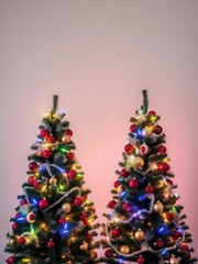 Obraz premium Beautifully decorated Christmas spruce fir trees adorned with colorful ornaments and twinkling lights, celebration