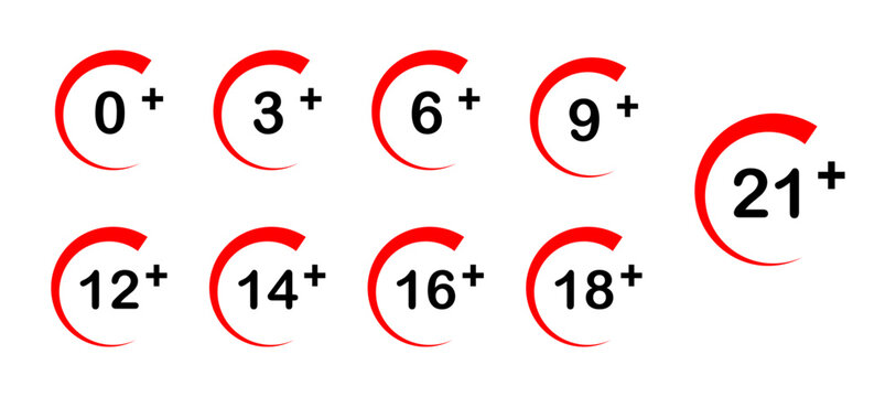 Age restriction icon set for 0, 3, 6, 9, 12, 14, 16,18 and 21 plus vector isolated on white background. Adults only. age limit concept