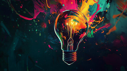 lightbulb explodes with colorful paint and colors, symbolizing a new idea, brainstorming concept